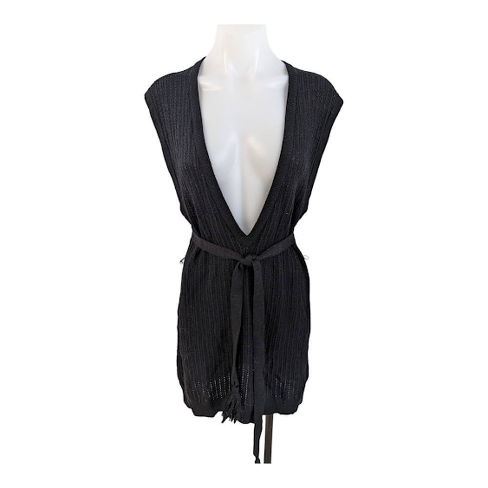 Nanette Lepore Size Medium Knit Cover Up Black Wool Blend Belted Sleeveless